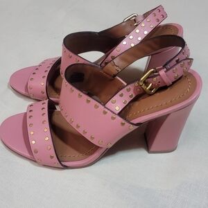 Coach Reiley Pink Studded Leather Block Heel Sandals - Size 6